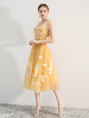 Illusion Yellow Calf Length Fairytale Homecoming Dress Prom Dress - DollyGown