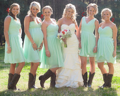Summer Rustic Country Mint Green Mismatched Chiffon Short Bridesmaid Dresses with Boots,GDC1508