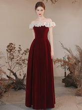 Sweet Burgundy Off The Shoulder A-line Long Prom Dress - DollyGown