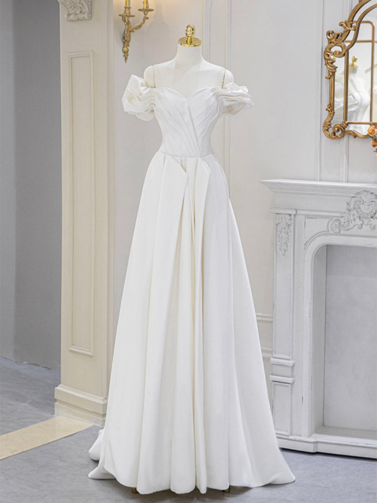 Off The Shoulder A-line Satin Courthouse Wedding Dress - DollyGown