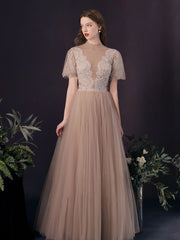 Modest See Through Sheer Prom Dress with Short Sleeves - DollyGown