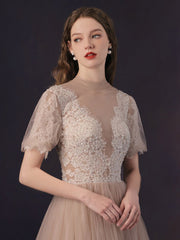Modest See Through Sheer Prom Dress with Short Sleeves - DollyGown