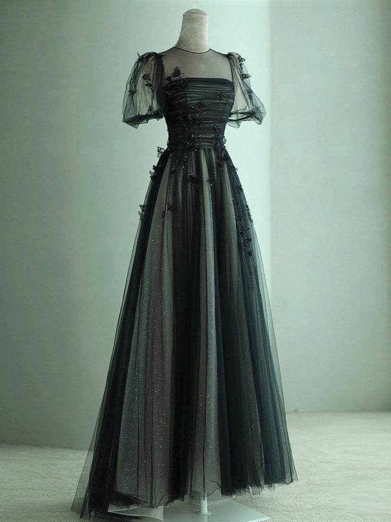 Flowy Black Tulle A-line Prom Dress with Short Bubble Sleeves Flowy Black Tulle A-line Prom Dress with Short Bubble Sleeves