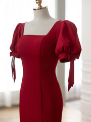 Red Square Neck Mermaid Eevening Dress Prom Dress with Short Sleeves - DollyGown