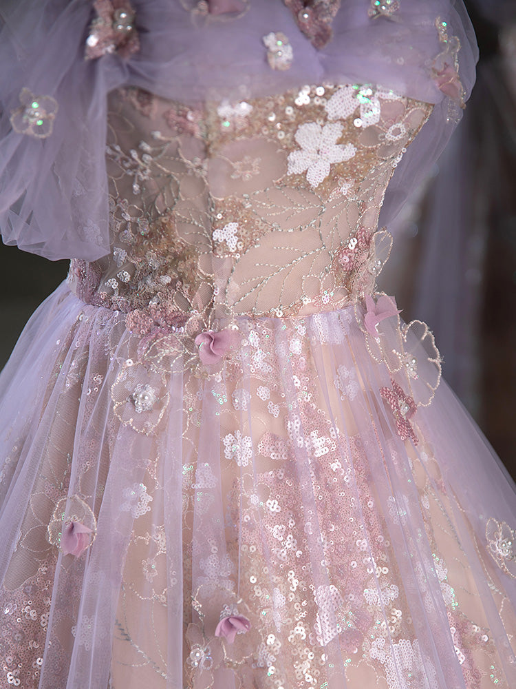 Delicate Floral Lace Off The Shoulder Ball Gown Illusion Prom Dress - DollyGown