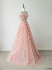 Peach Pink Strapless Tulle See Through Sheer Prom Dress - DollyGown