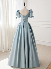 Dusty Blue Square Neck A-line Classic Formal Dress with Short Puffy Sleeves - DollyGown