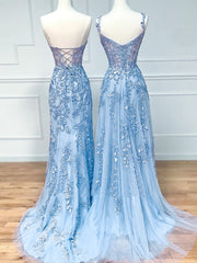 Dusty Blue See Through Sheer Lace Prom Dress - DollyGown
