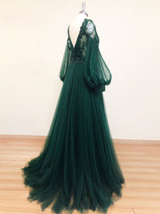 Emerald Green V-Neck Lace Tulle Formal Prom Dress with Long Sleeves - DollyGown