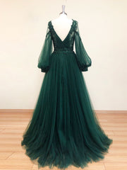 Emerald Green V-Neck Lace Tulle Formal Prom Dress with Long Sleeves - DollyGown