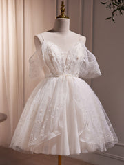 Modern Sweet Off Shoulders Spaghetti Strap Sheer Short Knee Length Wedding Dress - DollyGown