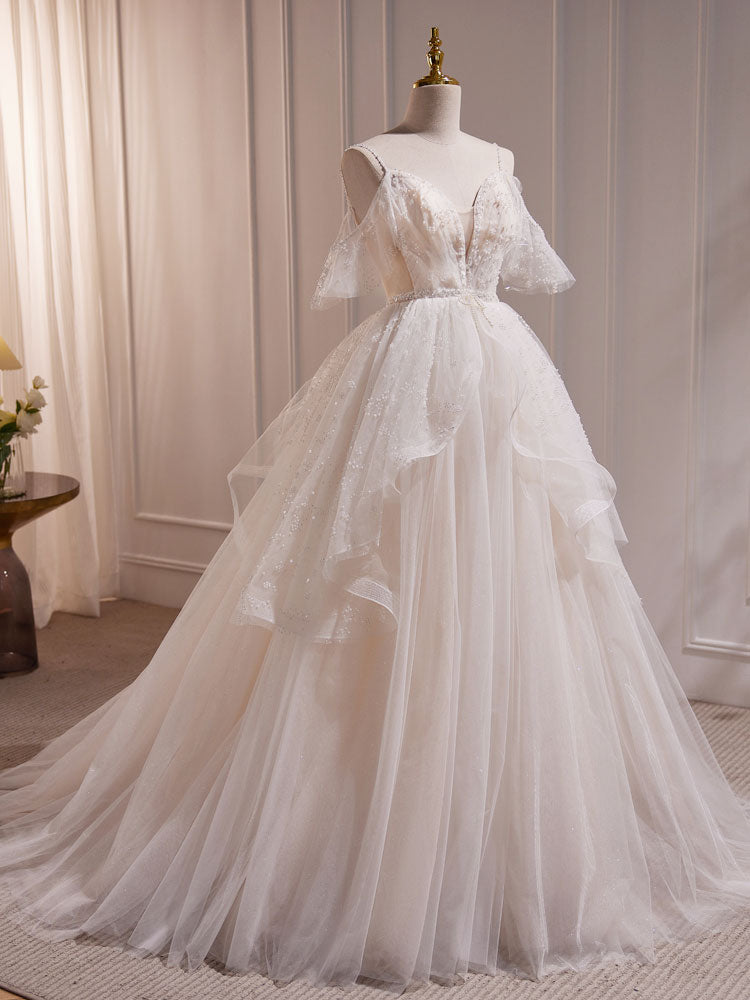 Sweet Spaghetti Strap Off Shoulders Tulle Bead Ball Gown Sheer Wedding Dress - DollyGown