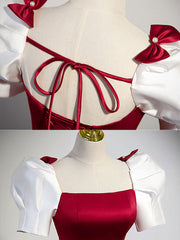Red Satin Square Neck Prom Dress with White Short Sleeves - DollyGown