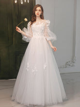 Illusion Princess 3/4 Sleeves White Tulle Formal Dress Maxi Prom Dress - DollyGown