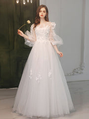 Illusion Princess 3/4 Sleeves White Tulle Formal Dress Maxi Prom Dress - DollyGown