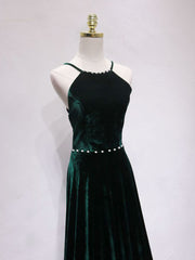 A-Line Backless Green Velvet Long Prom Dresses, Green Formal Evening Dresses - DollyGown