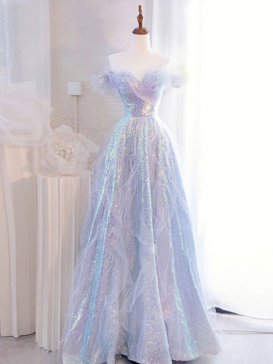Lilac Off The Shoulder Sequins Ruffle Tulle Boho Prom Dress - DollyGown