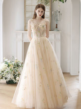 Fairytale Boho Champagne Tulle Sheer Illusion Prom Dress - DollyGown