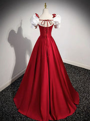 Red Satin Square Neck Prom Dress with White Short Sleeves - DollyGown