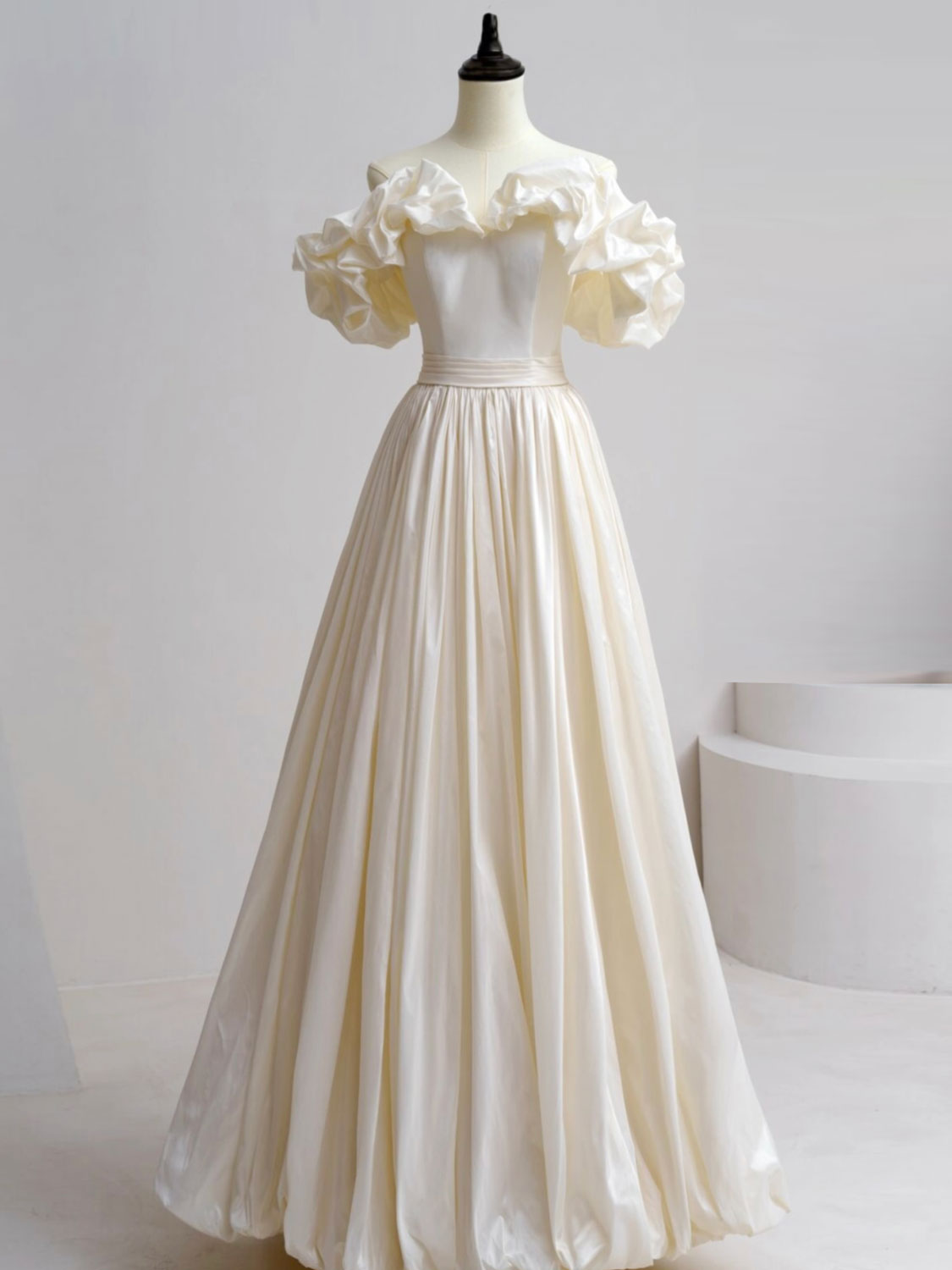 A-Line Off Shoulder Beige Taffeta Long Prom Dresses, Beige Formal Evening Dress - DollyGown