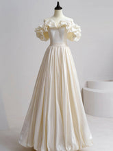 A-Line Off Shoulder Beige Taffeta Long Prom Dresses, Beige Formal Evening Dress - DollyGown