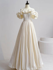 A-Line Off Shoulder Beige Taffeta Long Prom Dresses, Beige Formal Evening Dress - DollyGown