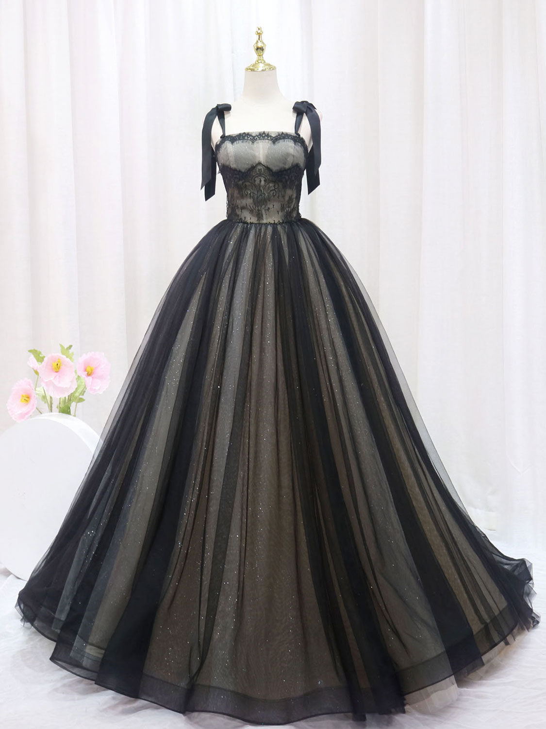Black Wide Straps Ball Gown Prom Dress Sweet 16 Dress - DollyGown