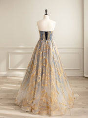 A-Line Tulle Gold/Blue Long Prom Dress, Blue Formal Evening Dress - DollyGown