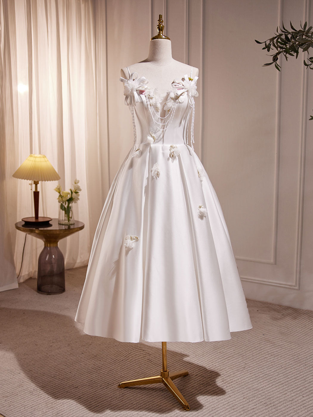 Spaghetti Strap Tea Length White Prom Dress Homecoming Dress - DollyGown
