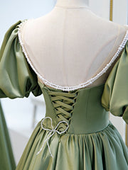 Sage Green Satin Short Homecoming Dress 8th Grade Dance Dress with Bubble Sleeves - DollyGown
