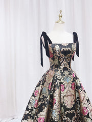 Black Printed Ball Gown Formal Dress with Tied Straps - DollyGown