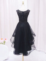 A-Line Lace Tulle Black Short Prom Dress, High Low Black Homecoming Dress - DollyGown