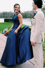 New Arrival Bateau Neck Navy Blue Long Prom Dress Graduation Dress,20101605-Dolly Gown