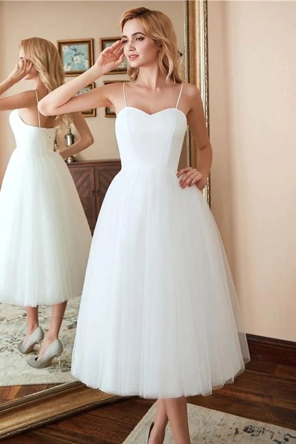 50s Tulle Short Wedding Reception Dress with Spaghetti Straps - DollyGown