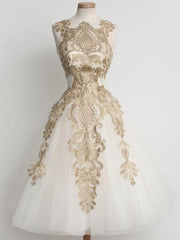 50s Vintage Tea Length Prom Dress with Gold Lace Appliques,GDC1209-Dolly Gown