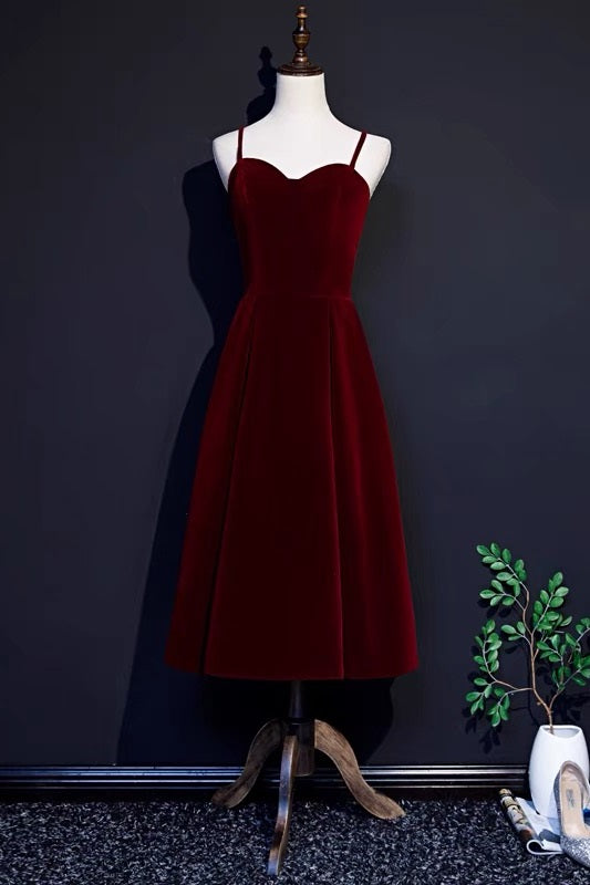 50s style Burgundy Velvet Short Prom Dress Bridesmaid Dress -DollyGown