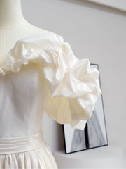 A-Line Off Shoulder Beige Taffeta Long Prom Dresses, Beige Formal Evening Dress - DollyGown