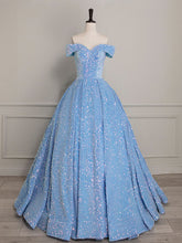 Sparkly Light Blue Off The Shoulder Sequins Ball Gown Prom Dress - DollyGown