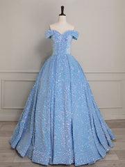 Sparkly Light Blue Off The Shoulder Sequins Ball Gown Prom Dress - DollyGown