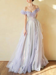 Lilac Off The Shoulder Sequins Ruffle Tulle Boho Prom Dress - DollyGown