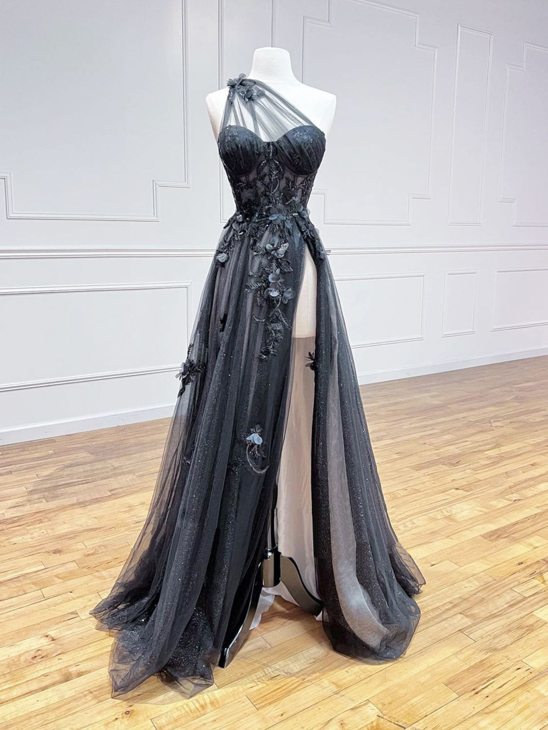 Black One Shoulder Tulle Sheer Lace Boho Prom Dress with High Slit - DollyGown