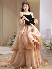Strapless Champagne Bubble Skirt Long Prom Dress - DollyGown