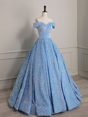 Sparkly Light Blue Off The Shoulder Sequins Ball Gown Prom Dress - DollyGown
