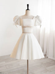 Square Neck White Occasion Homecoming Dresses white Bubble Sleeves - DollyGown