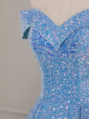 Sparkly Light Blue Off The Shoulder Sequins Ball Gown Prom Dress - DollyGown