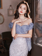 Dusty Blue Fishtailk Fitted Off The Shoulder Occasion Dress Prom Dress - DollyGown