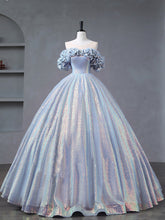Illusion Creased Off The Shoulder Light Blue Ball Gown Quinceanera Dress - DollyGown