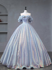 Illusion Creased Off The Shoulder Light Blue Ball Gown Quinceanera Dress - DollyGown