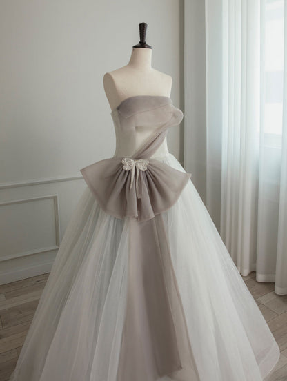 Strapless Asymmetrical White/Grey Contrast Wedding Dress - DollyGown