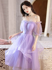 Off The Shoulder Ruffle Lavender Sheer Homecoming Dress - DollyGown